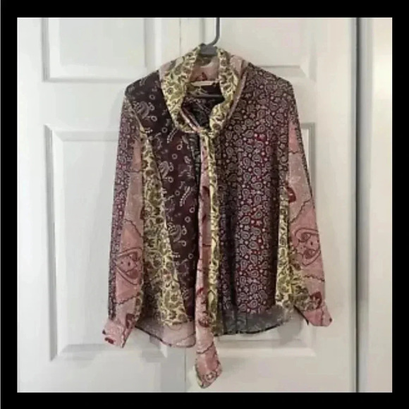 Soft Surroundings Shirt Top PL Colorful Mix Paisley Semi Sheer Tie Neck Langdon - Picture 2 of 5